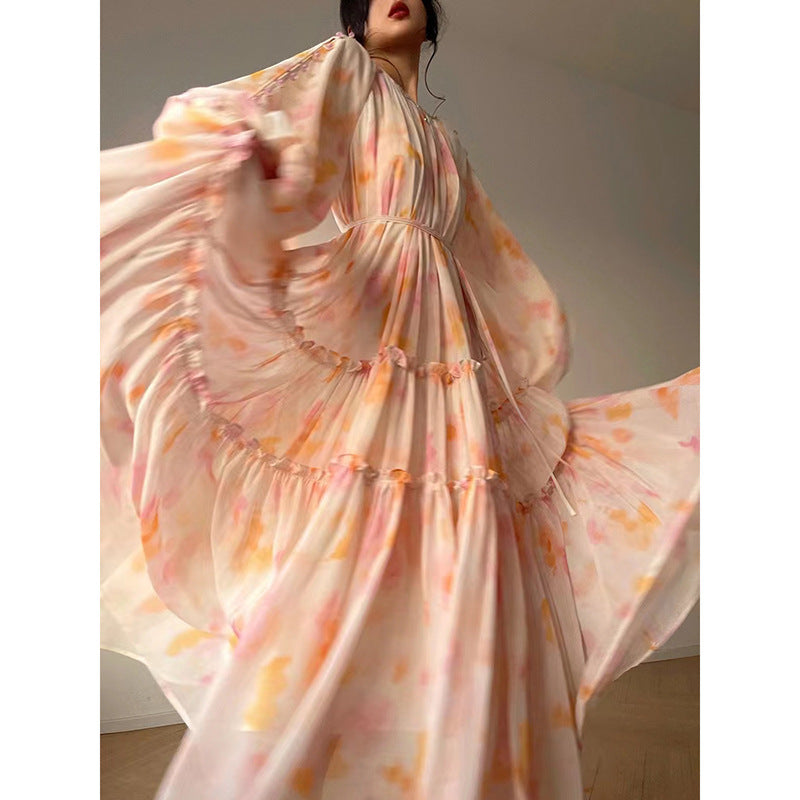 Robe de vacances rose à imprimé abstrait avec jupe ample pour femme