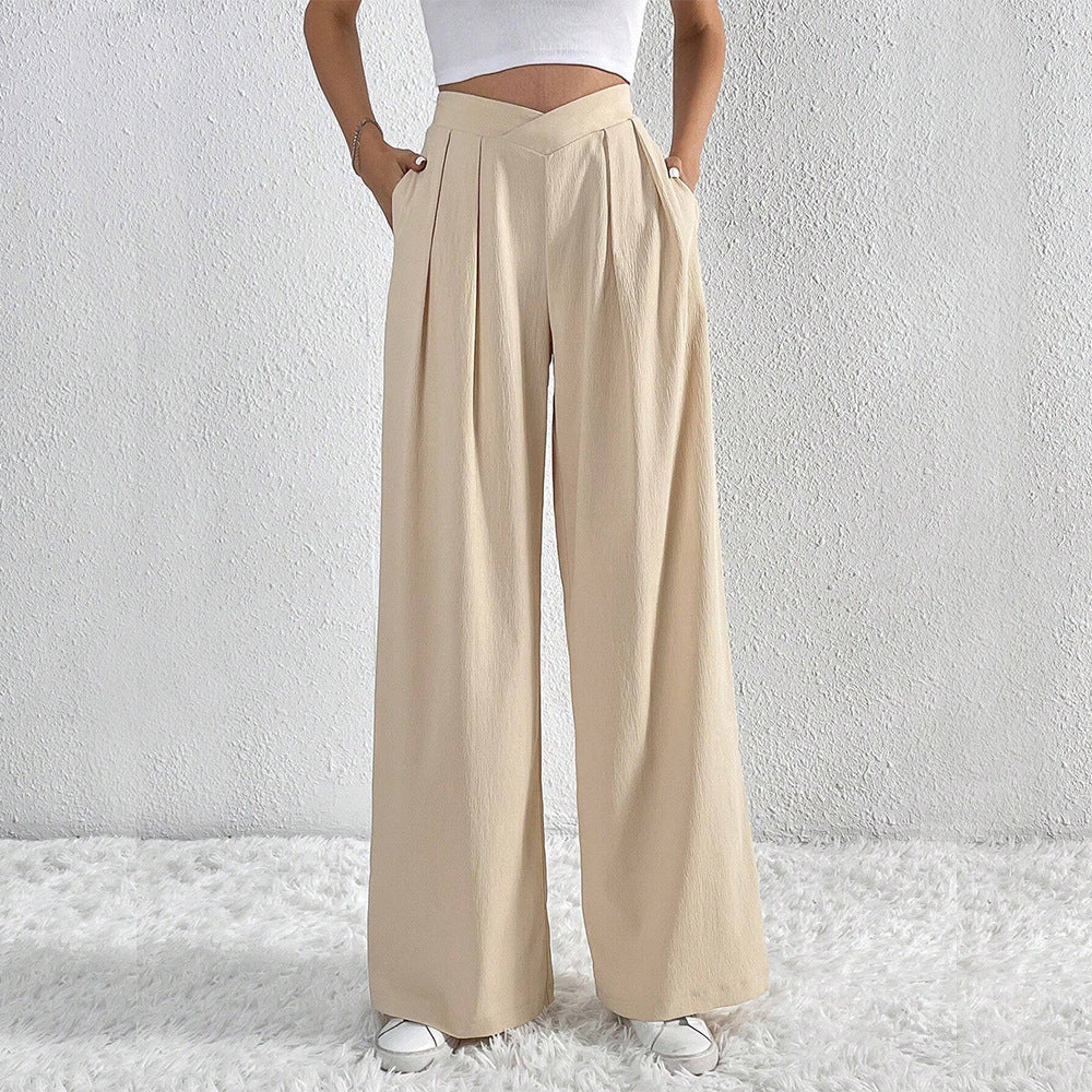 Summer Solid Color Pleated Wide-Leg Casual Pants for Women
