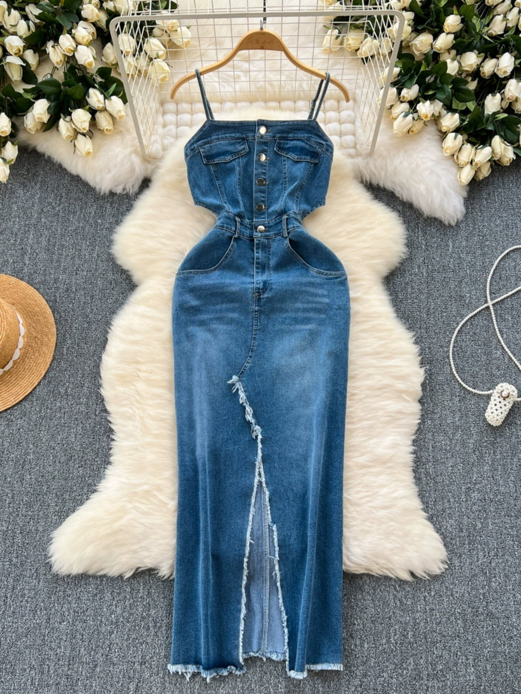 Chic Blue Denim Mid Skirt with Frayed Hem and Split