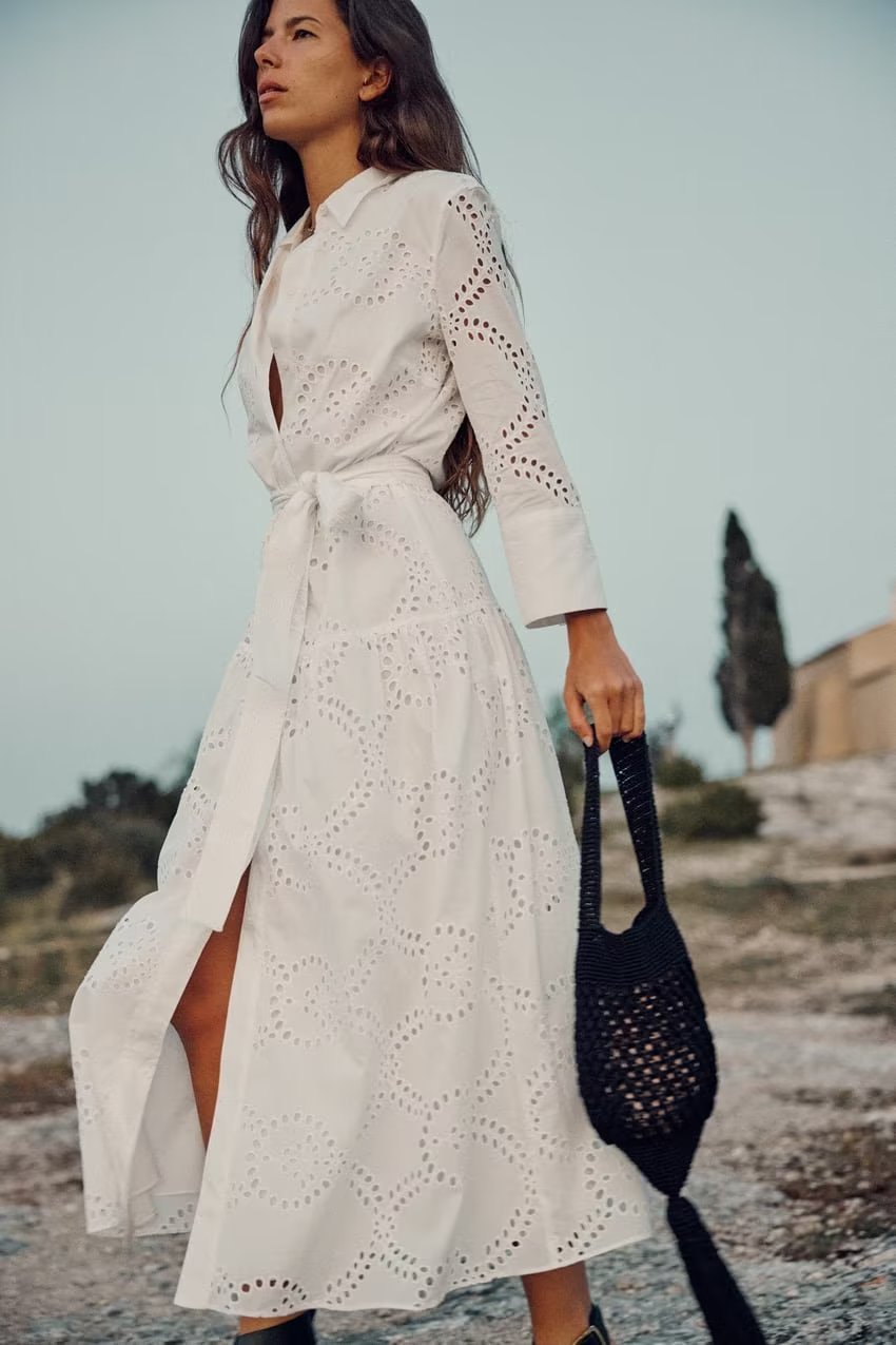Robe élégante en coton blanc à manches longues, taille mi-haute, du XS au L pour femme