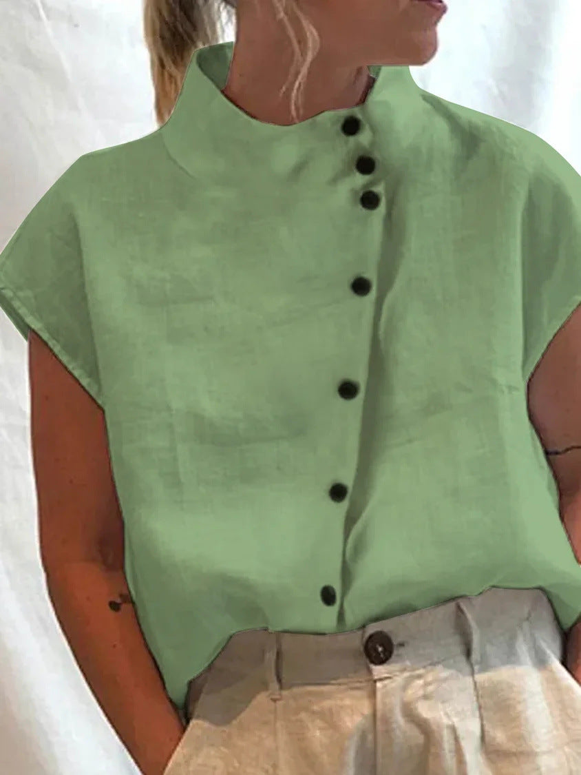 Chemise décontractée en coton et lin pour femme, col montant, coupe ample