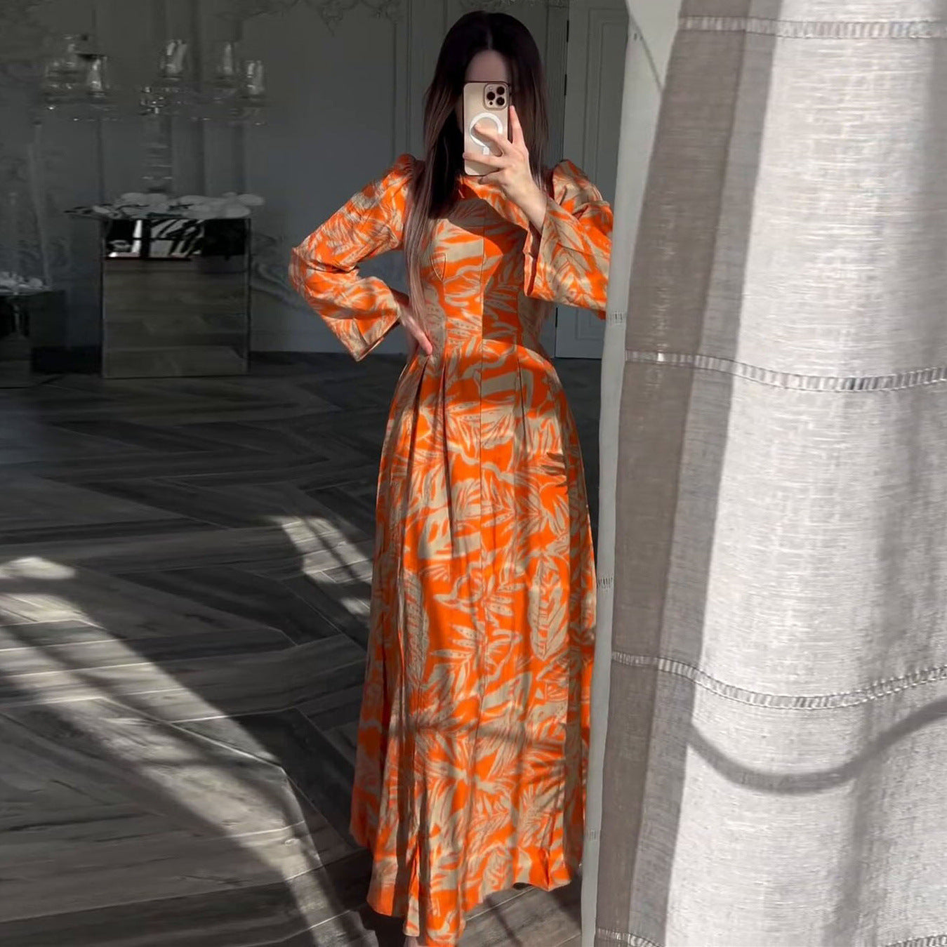 Women's High Waist Long Sleeve Slim Fit A-Line Swing Dress