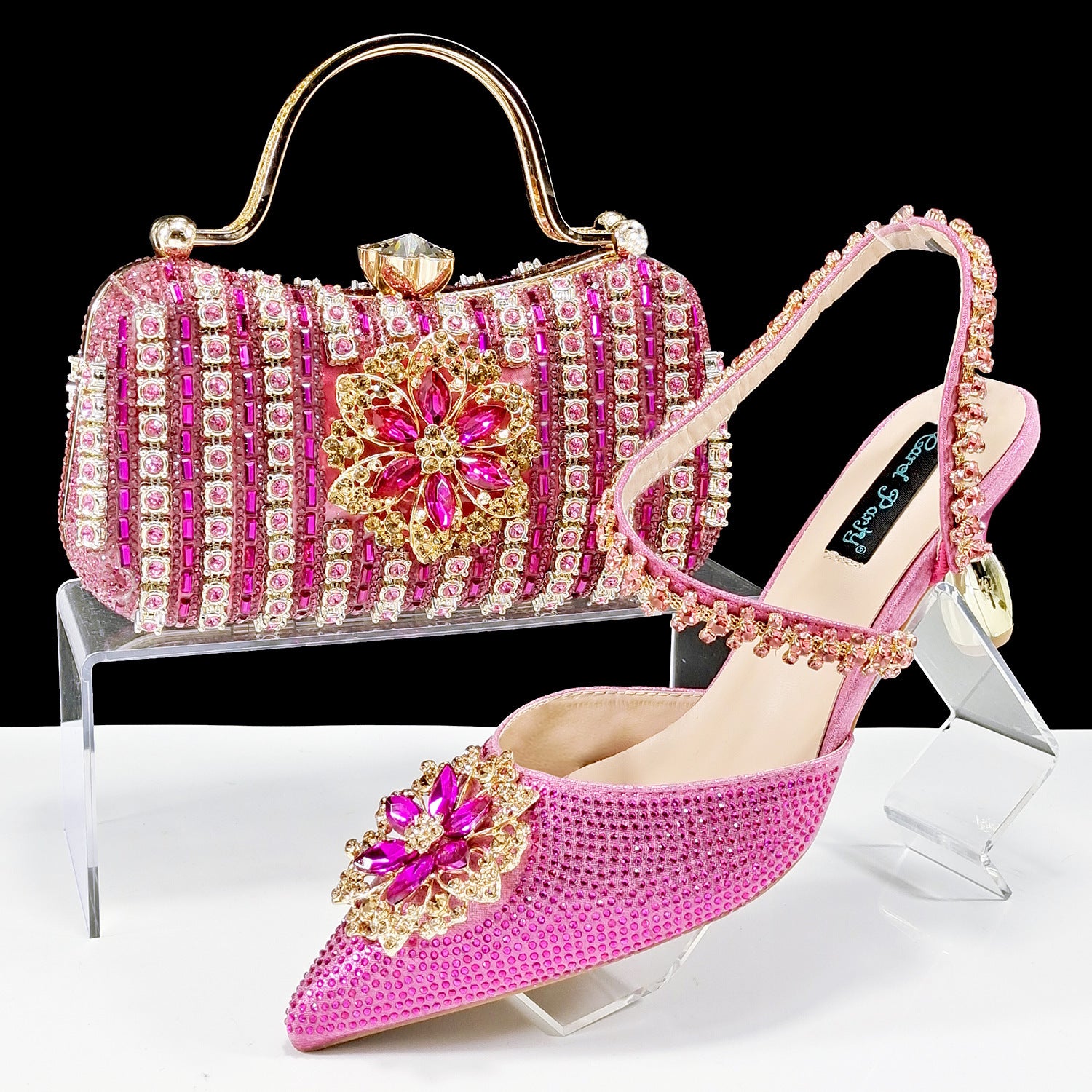 Sexy Women's High Heel Shoes and Bag Set with Rhinestones, Sizes 38-43