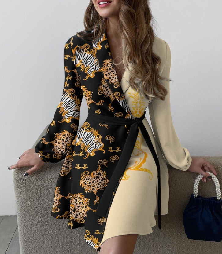 Sky Blue Long-Sleeve Lapel Waist Tie Dress