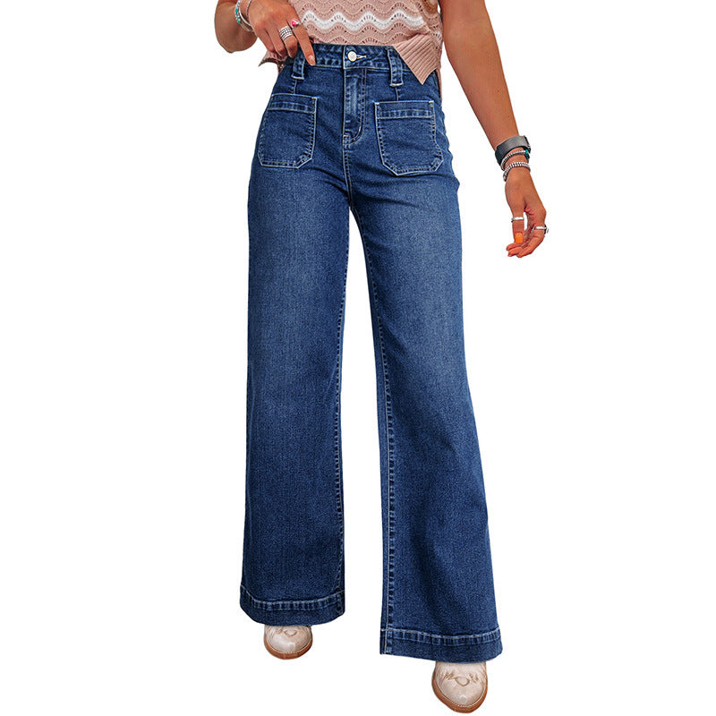 Pantalon droit femme taille haute bleu foncé style rétro
