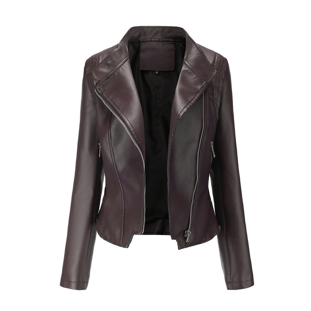 Women’s Slim-Fit PU Lapel Leather Coat with Pockets