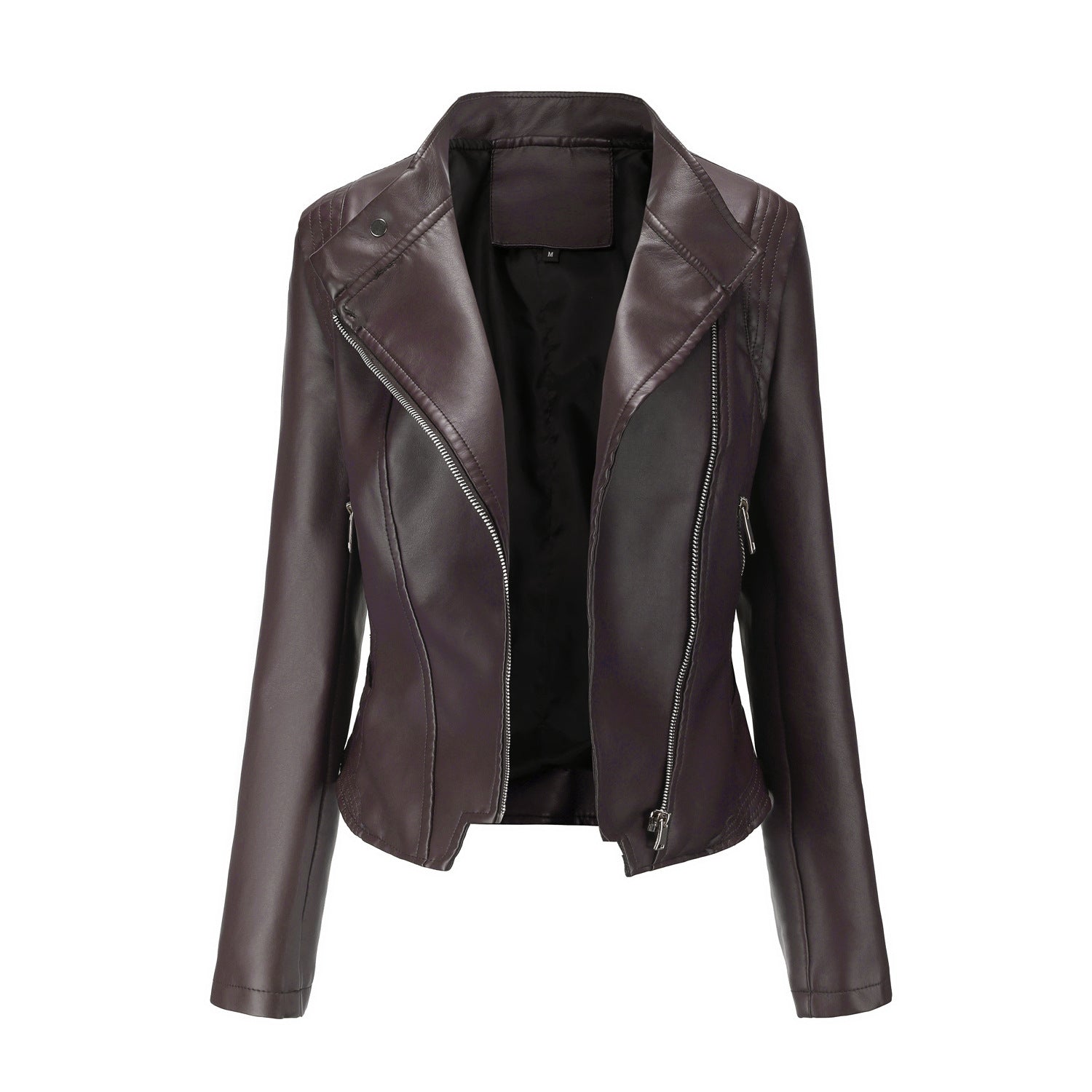 Women’s Slim-Fit PU Lapel Leather Coat with Pockets