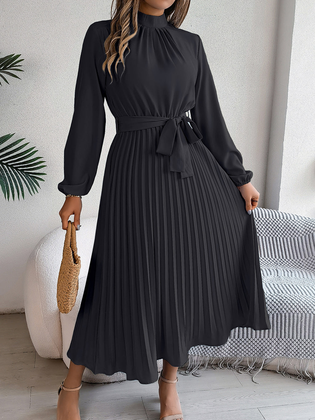 Stand Collar Long Sleeve Cinched Pleated Dress