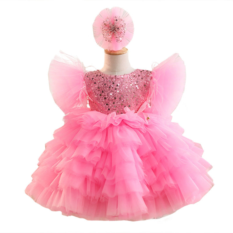 Girls' Pink Sequined Princess Dress with Headband - Sizes 80-160cm