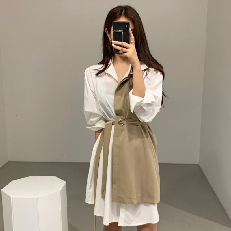 Robe Chemise Midi à Col Polo avec Nœud à la Taille et Revers pour Femme