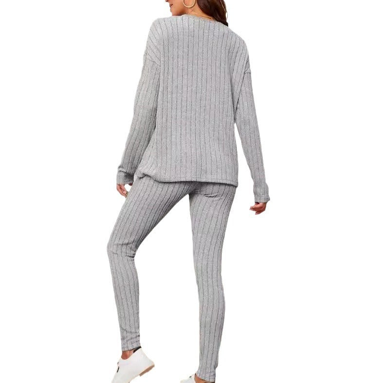 Casual Loose Round Neck Sunken Stripe Knit Suit for Women