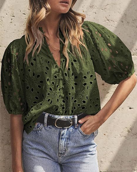 Women's Lantern Sleeve V-Neck Buttoned Hollow Lace Embroidered Shirt