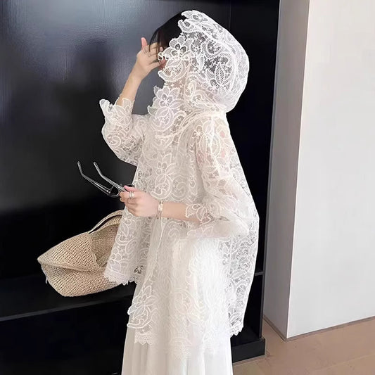 French Romantic White Lace Crocheted Sun Protection Shirt For Women