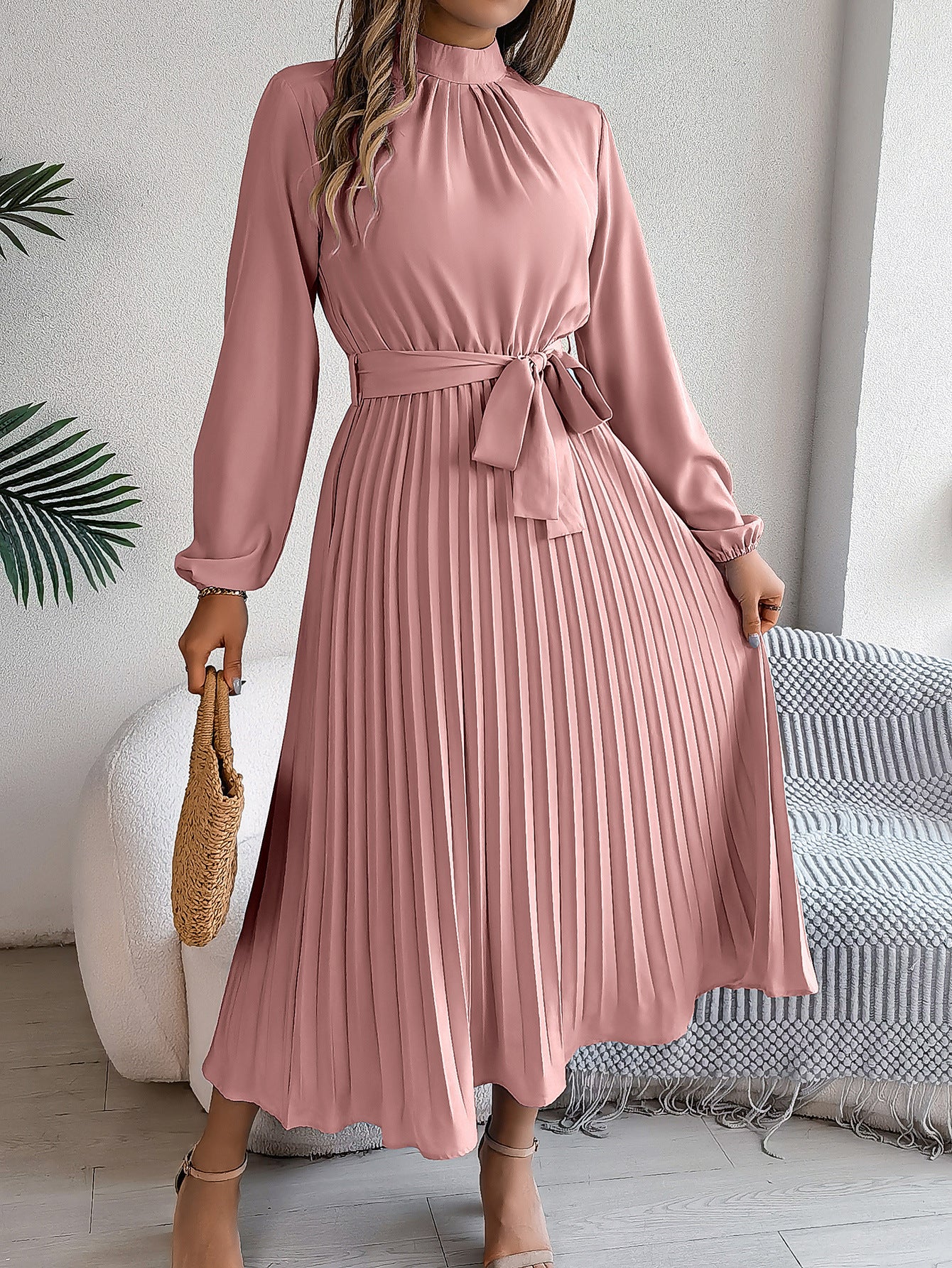 Stand Collar Long Sleeve Cinched Pleated Dress