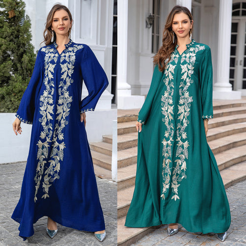 Embroidered Long Sleeve Evening Dress for Women in Dark Green & Blue