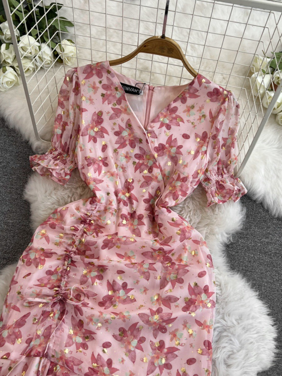 Pink Small Floral Chiffon Slim Fishtail Dress with Princess Sleeves