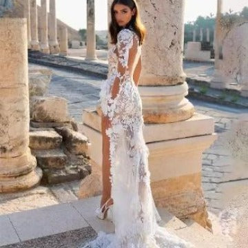 European & American Slim-Fit High Waist Dress in White & Ivory