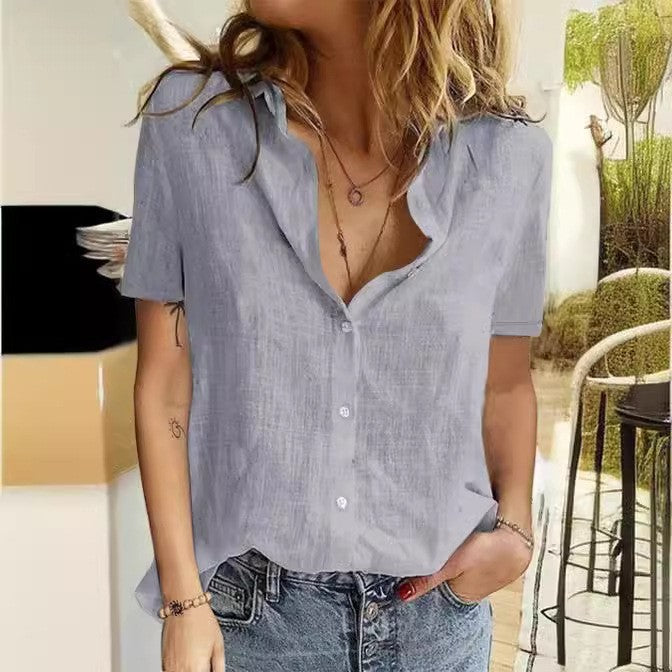 Women's Slub Cotton Short-sleeved Elegant Shirt