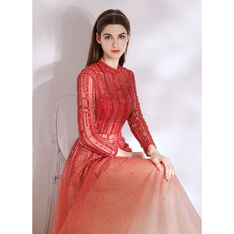 Robe de soirée longue à manches longues dégradé rouge pour femme