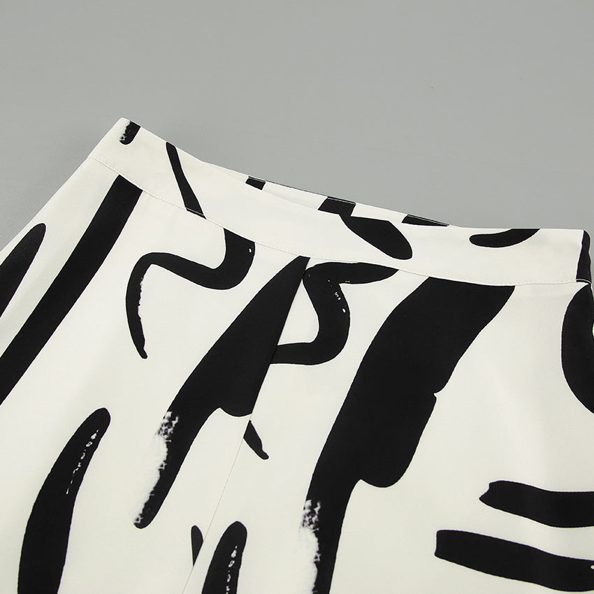 Black And White Printed Long-sleeved Shirt High Waist Wide-leg Pants Two-piece Set