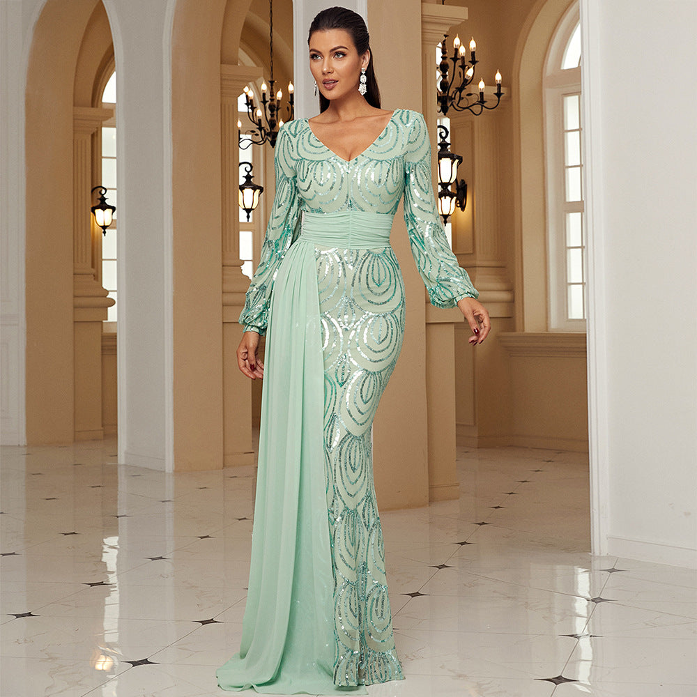 Robe de soirée élégante à col en V et sequins, manches longues, pour événements à Dubaï