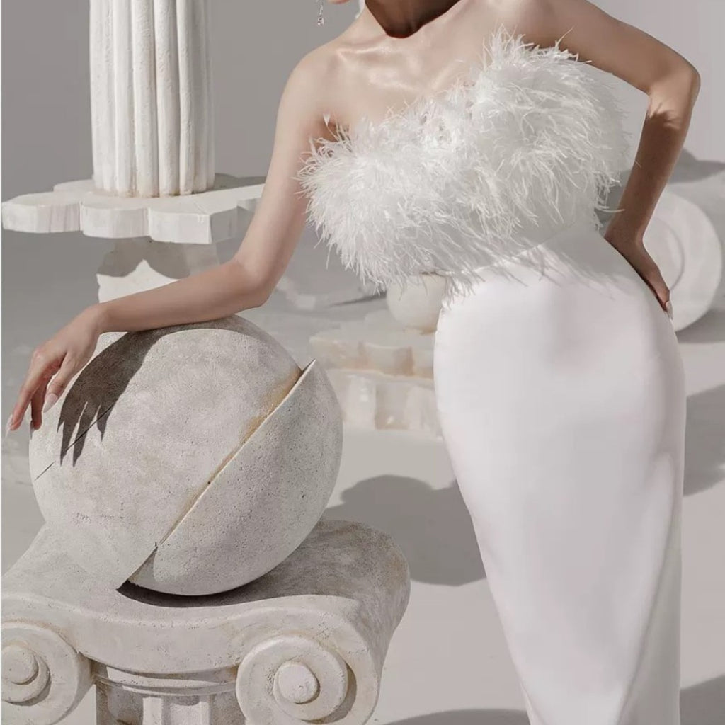Light Luxury White Collarless Tassel Wrap Hip Evening Dress