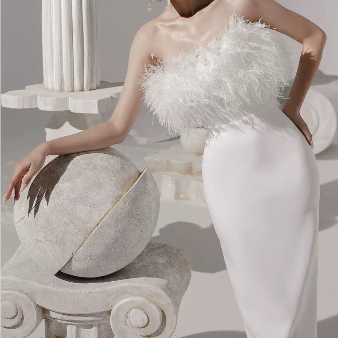 Light Luxury White Collarless Tassel Wrap Hip Evening Dress