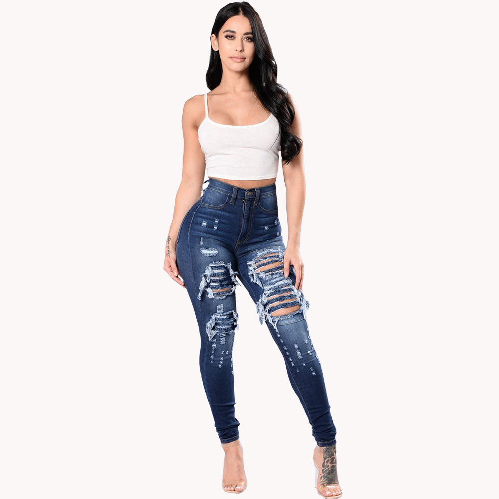 Pantalon en jean bleu délavé déchiré pour femme