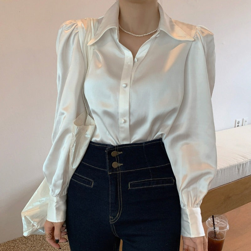Women’s Puff Sleeve Lapel Loose White Cotton Blouse Shirt