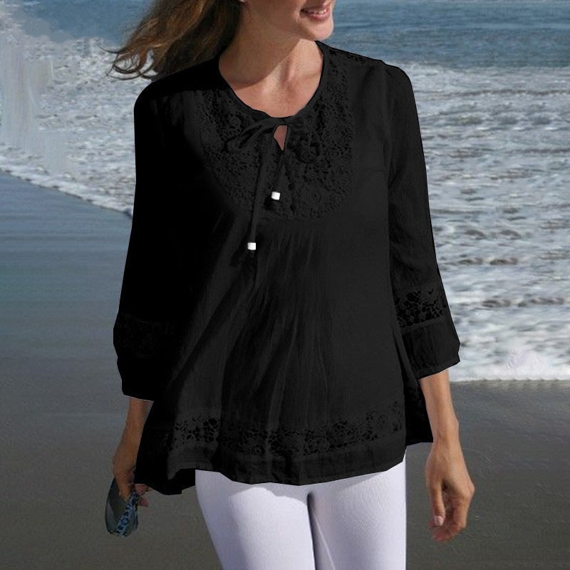 Cotton Linen Lace 3/4 Sleeve Loose Women's Top T-Shirt