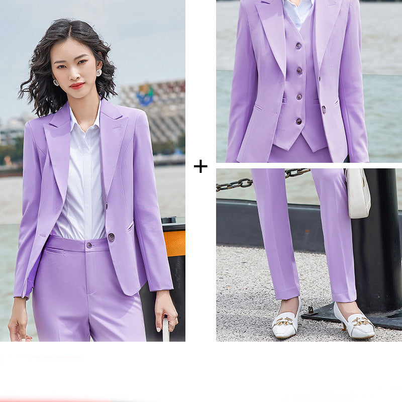 Fashion Lady Professional Blazer Suit with Vest and Trousers in Purple, Green, Navy Blue