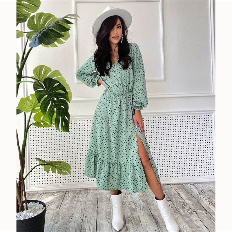 Women's V-neck Fashion Casual Polka Dot Long Dress Split Beach Dress