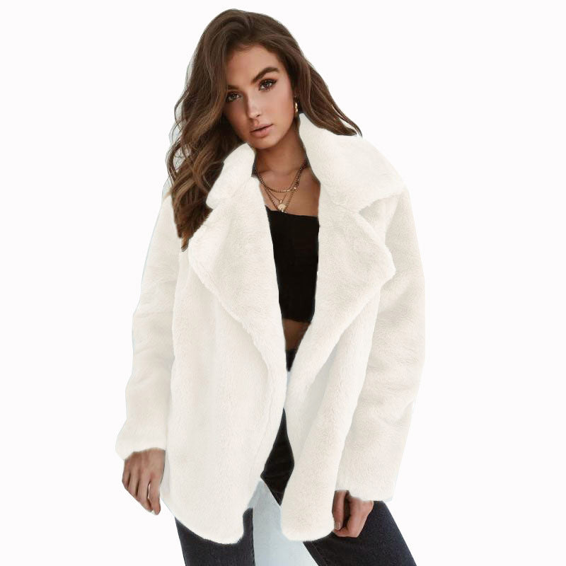 Plush Lapel Woolen Coat for Women - Casual Loose Fit