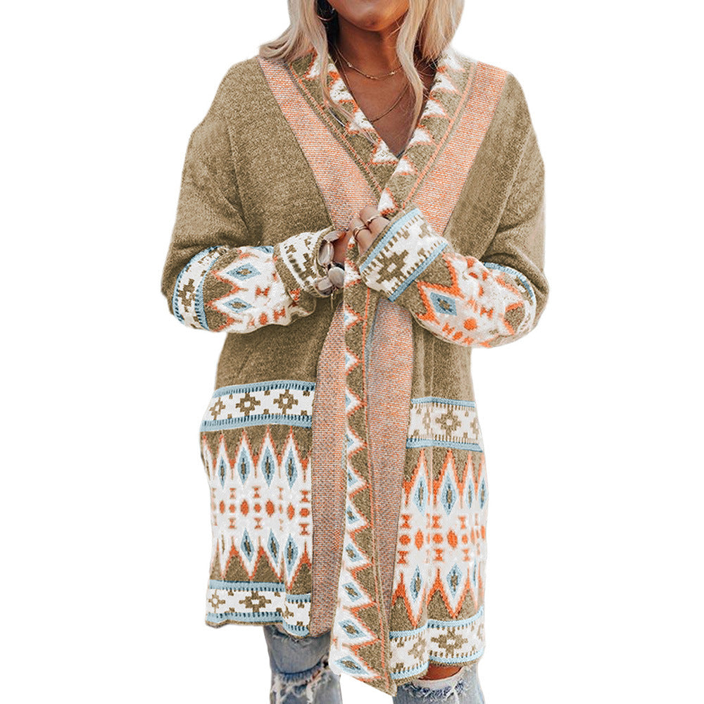 Manteau pull mi-long ethnique pour femme, plusieurs couleurs