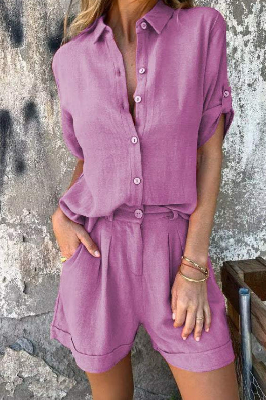 Ensemble chemise boutonnée à revers et short à poches à manches courtes pour femmes