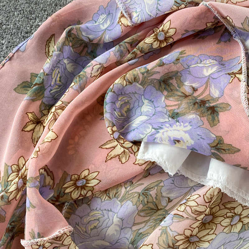 Women's V-Neck Floral Chiffon Dress One Size
