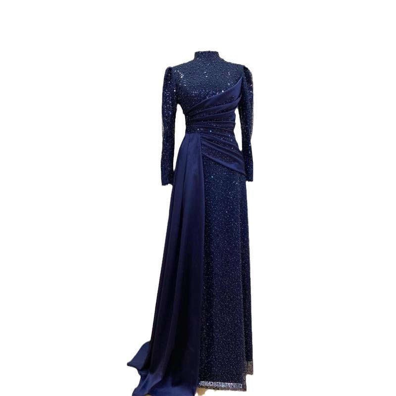 Robe de soirée longue à col montant et manches longues en dentelle à sequins bleu foncé musulmane Hui