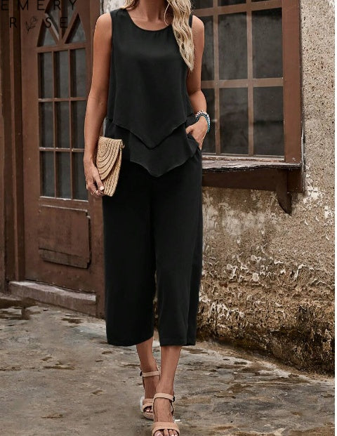Ensemble 2 pièces abricot d'été pour femme, caraco et pantalon à ourlet asymétrique