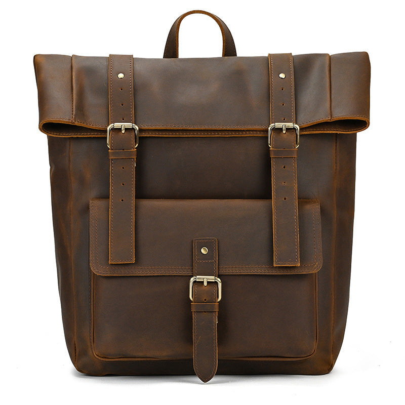 Retro Crazy Horse Leather Men's Backpack Large Coffee