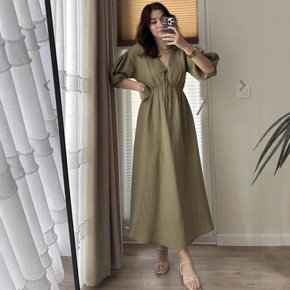 Women's Sweet V-Neck Puff Sleeve Short Dress in Multiple Colors