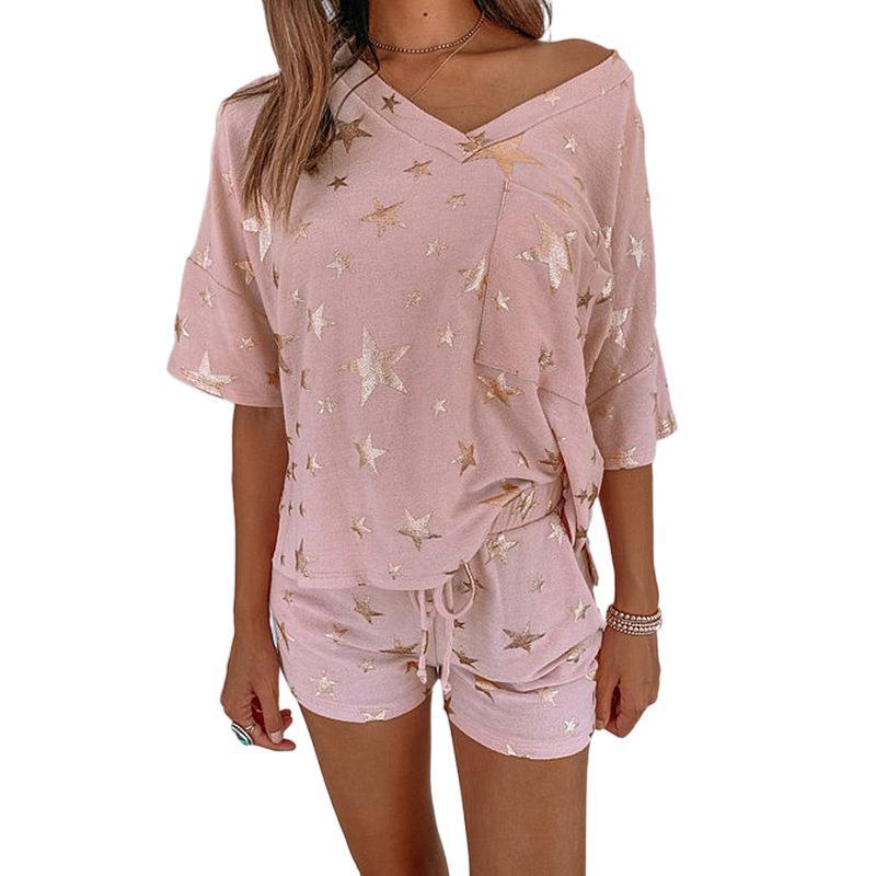 Ensemble de pyjama rose à manches courtes et imprimé étoile à cinq branches pour femme