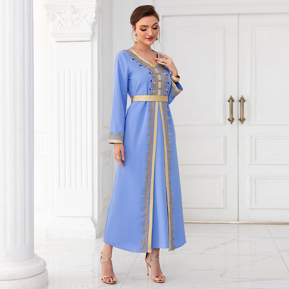 Light Blue Ribbon Hand-stitched Diamond Long Sleeve Arab Dress
