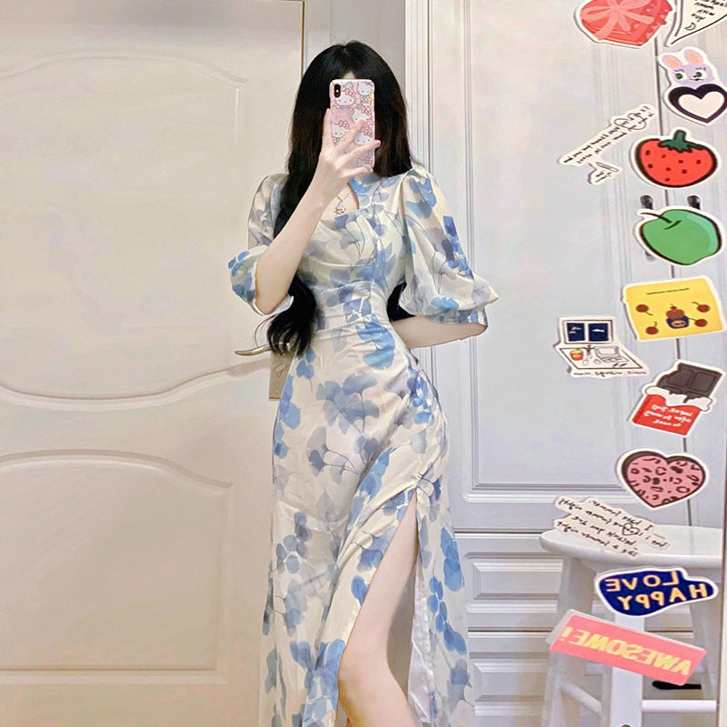Women's Blue Floral Chiffon Dress with Round Neck, Sizes S-XL