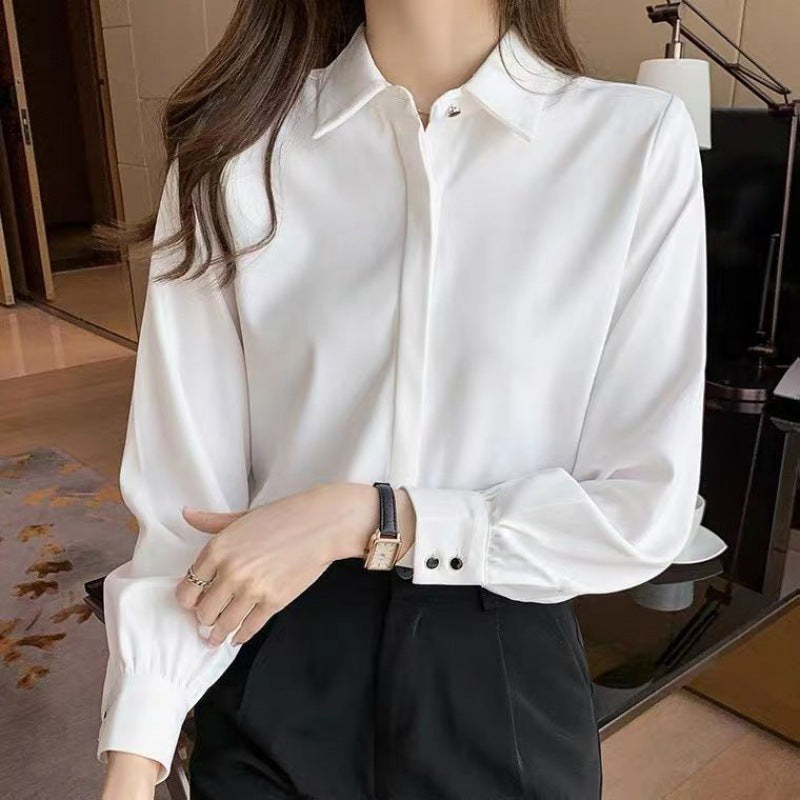 White Slim Fit Long Sleeve Shirt for Women Autumn French Chic