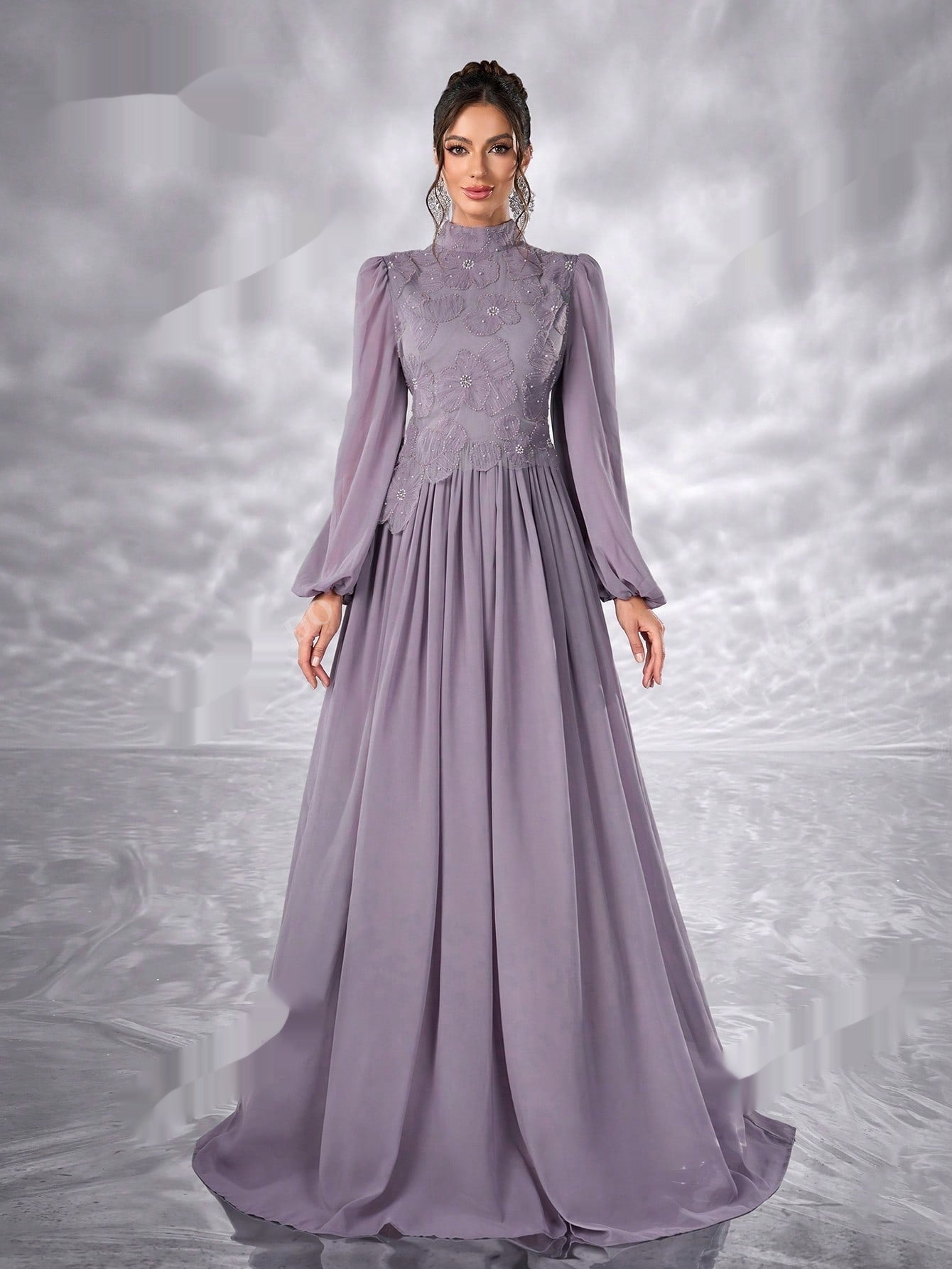 Élégante Robe Musulmane en Chiffon Floral à Manches Longues Bouffantes