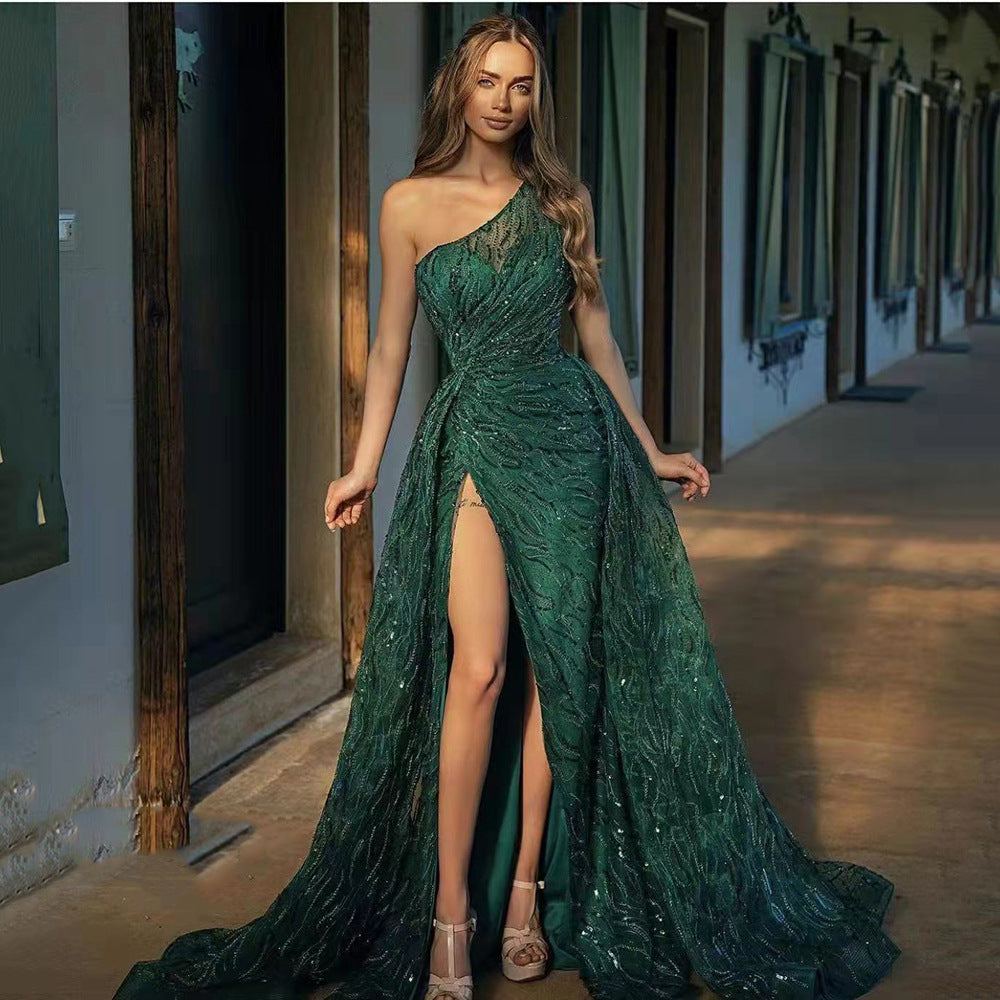 Women's Sleeveless Diagonal Shoulder Split Long Cocktail Dress