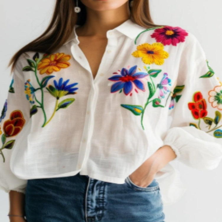 Women's White Floral Long Sleeve Polyester Shirt, Sizes S-6XL