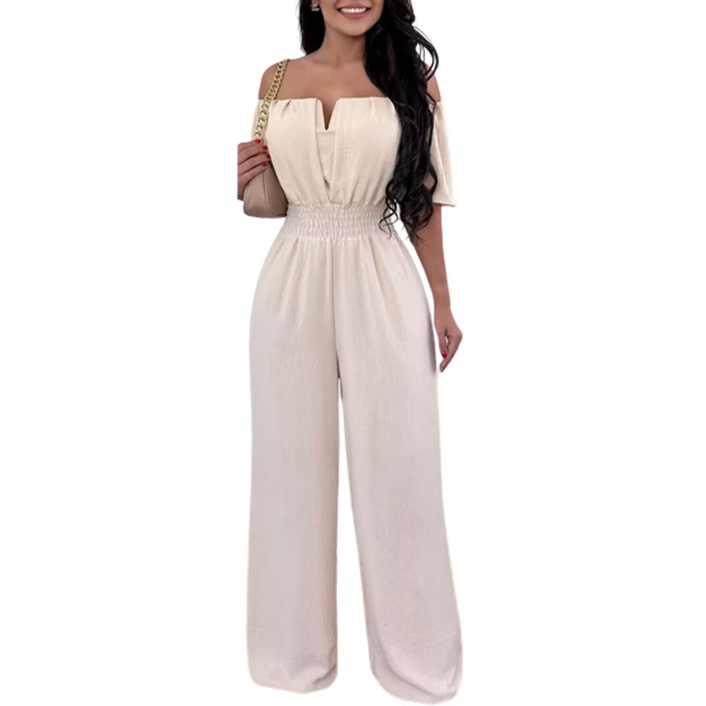 Women's Off-Neck Waist-Trimmed Loose Straight Jumpsuit