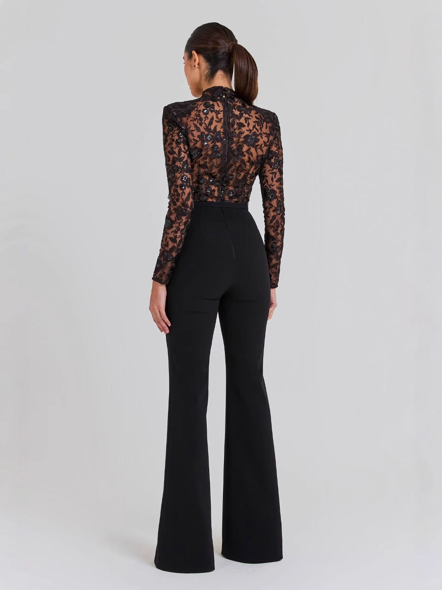 Black See-Through Lace Long-Sleeve Trousers Jumpsuit