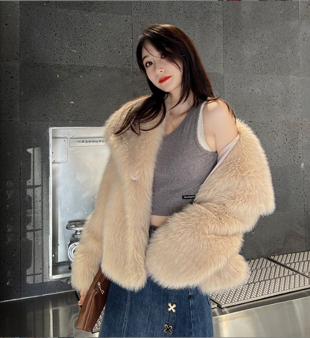 Women's Elegant Large Lapel Faux Fur Warm Coat in Black & Rice Apricot, Sizes S-XL